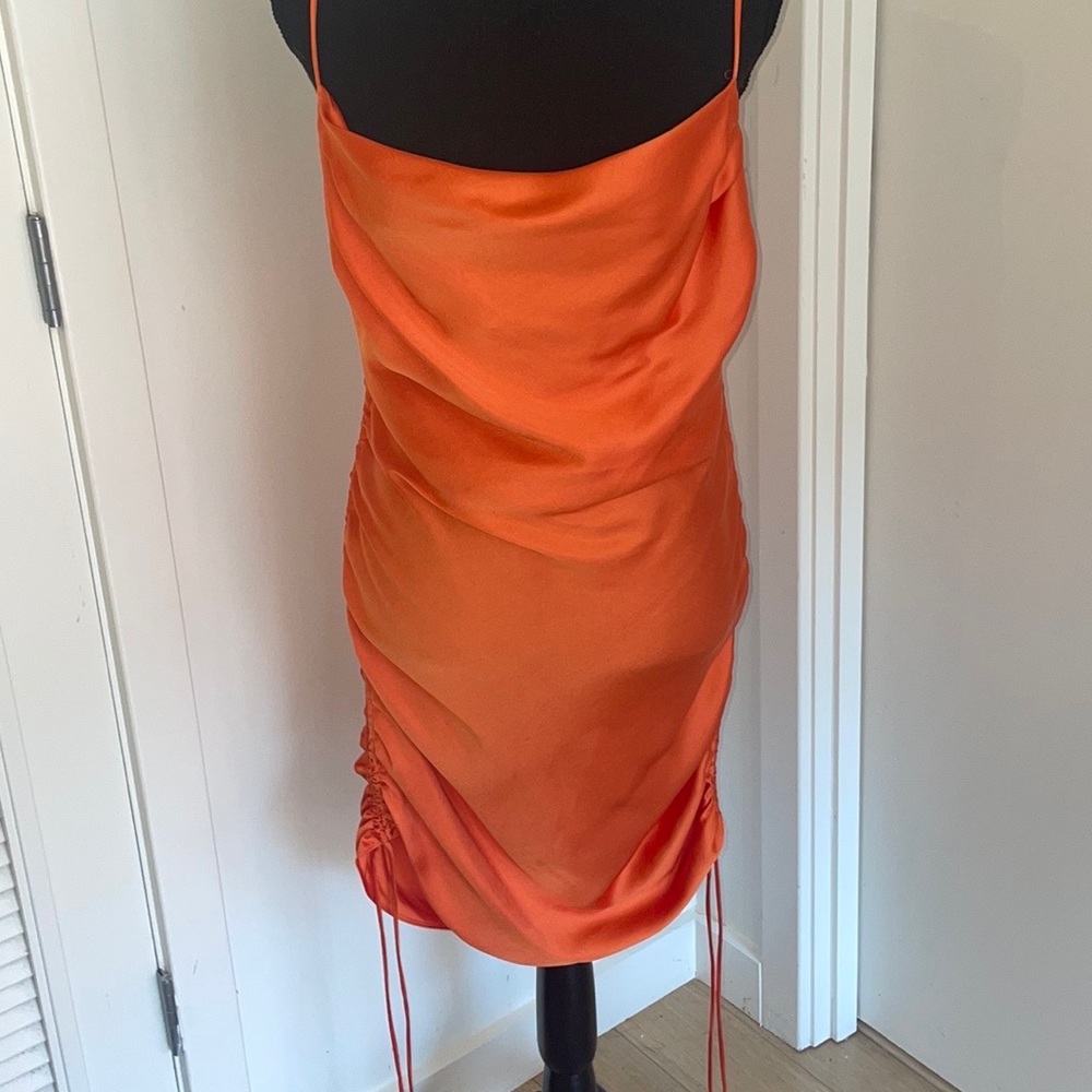 Zara Orange Drawstring Satin Slip Dress Size: M NWT